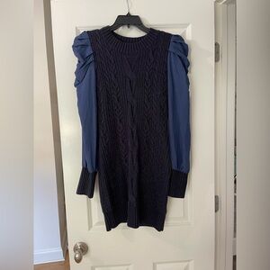 Navy Cable Knit Sweater Dress with Puff Sleeves